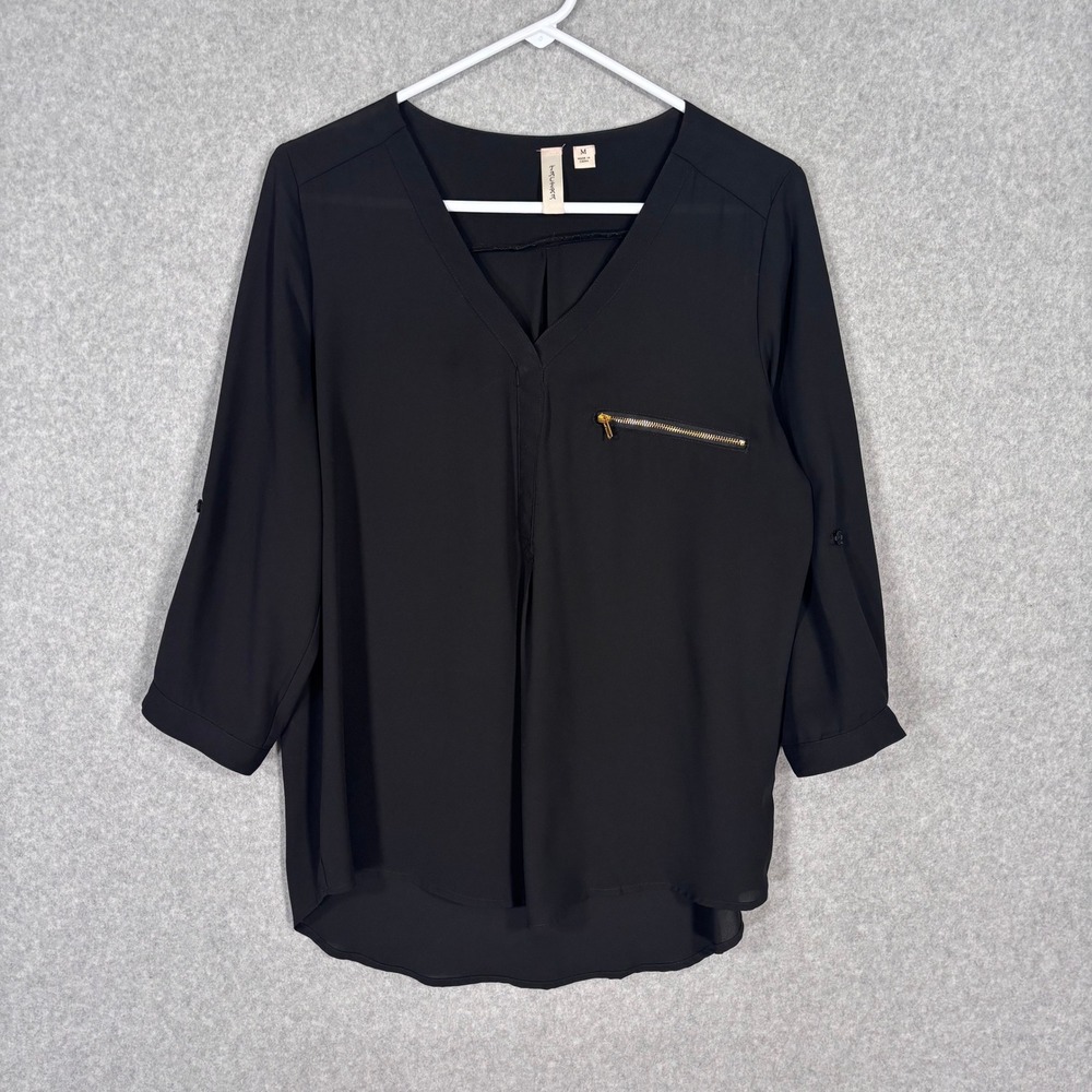 Semi Sheer Popover Blouse Medium Gold Zipper Flowy Minimalist Career Church